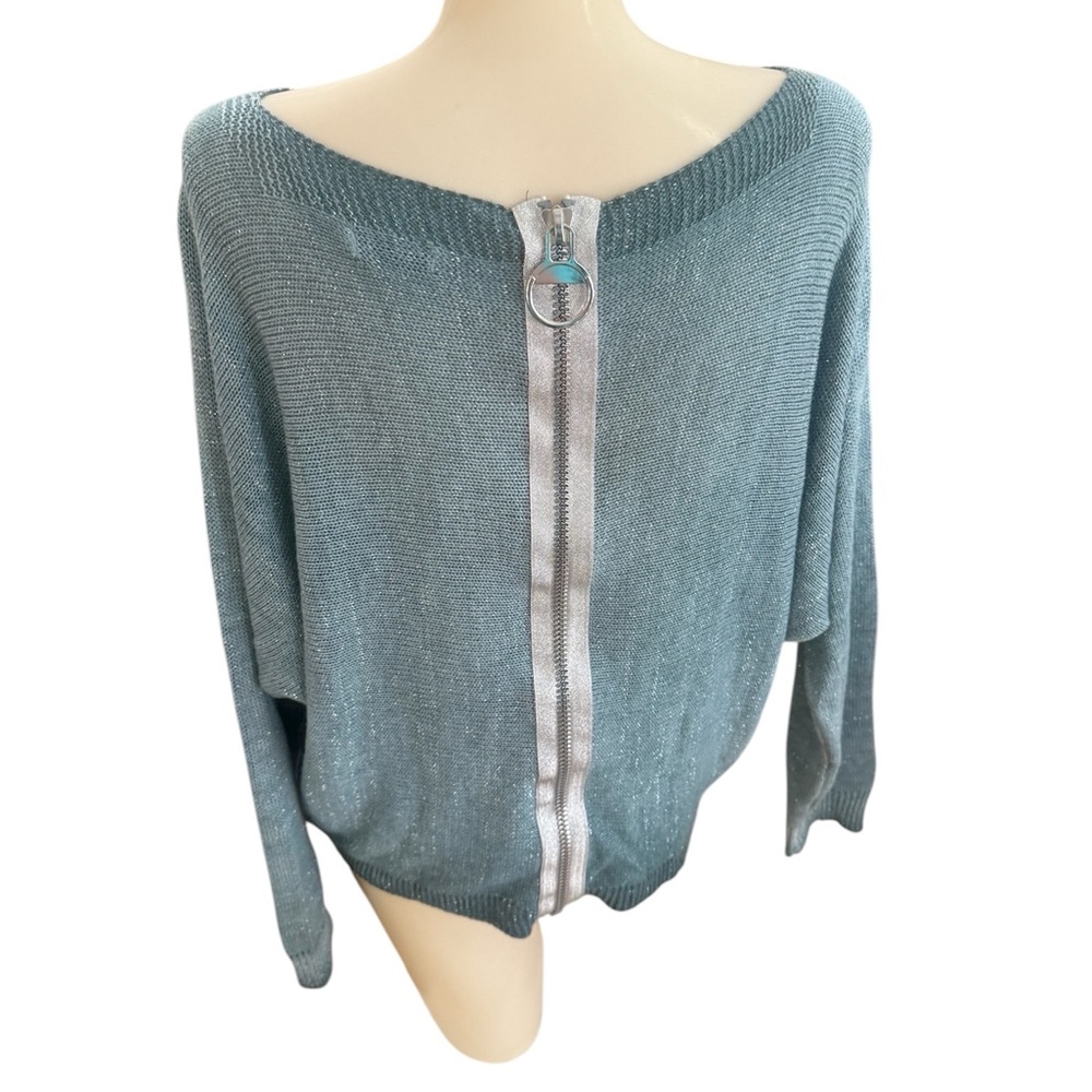 Made In Italy Women’s Metallic Zipper Sweaters Boat Neck One Size Green